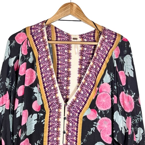 Free People Freshly Squeezed Knit Oversized Blouse Tie Sleeves Button Front XS - Picture 4 of 12